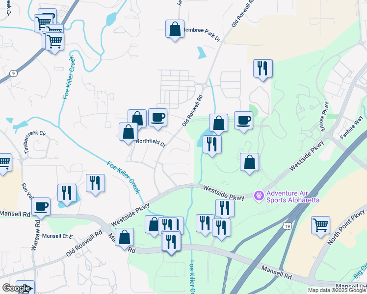 map of restaurants, bars, coffee shops, grocery stores, and more near 1033 Dassow Court in Alpharetta
