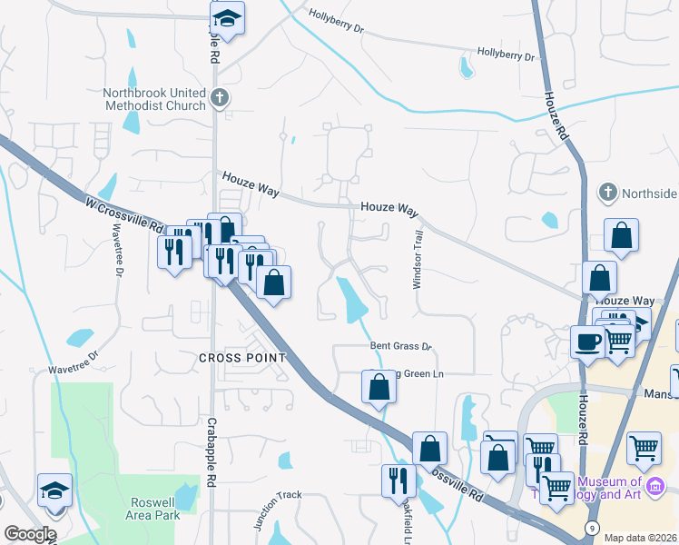 map of restaurants, bars, coffee shops, grocery stores, and more near 6010 Gaineswood Drive in Roswell