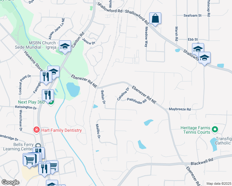 map of restaurants, bars, coffee shops, grocery stores, and more near 1061 Pathfinder Road in Marietta