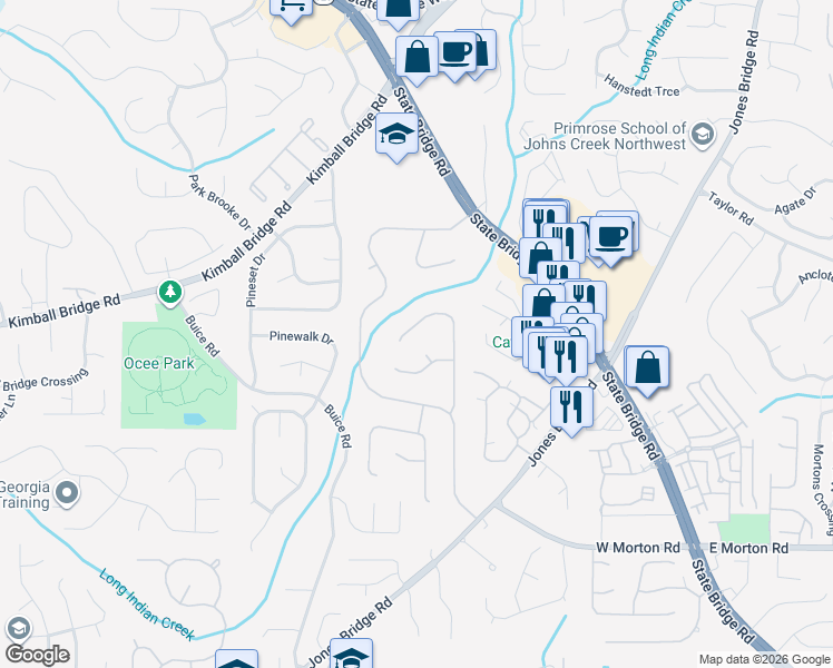 map of restaurants, bars, coffee shops, grocery stores, and more near 10990 Spotted Pony Trail in Alpharetta