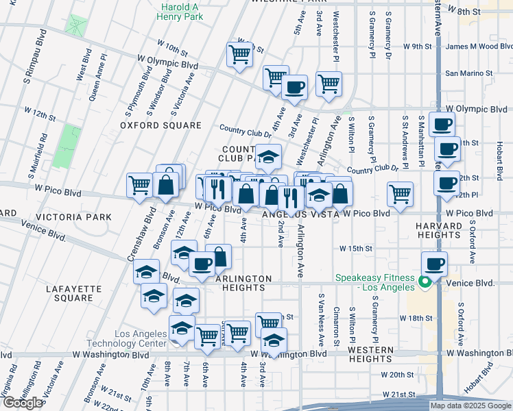 map of restaurants, bars, coffee shops, grocery stores, and more near 3528 West Pico Boulevard in Los Angeles