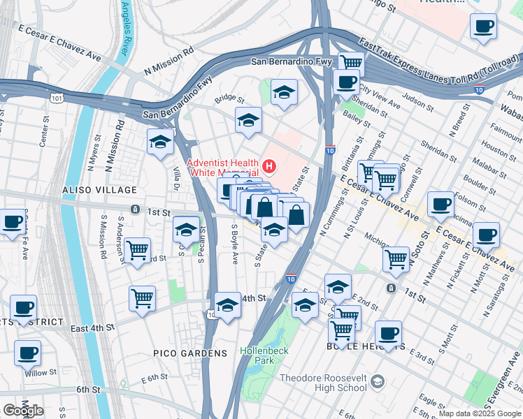 map of restaurants, bars, coffee shops, grocery stores, and more near 114 Vicente Fernández Street in Los Angeles