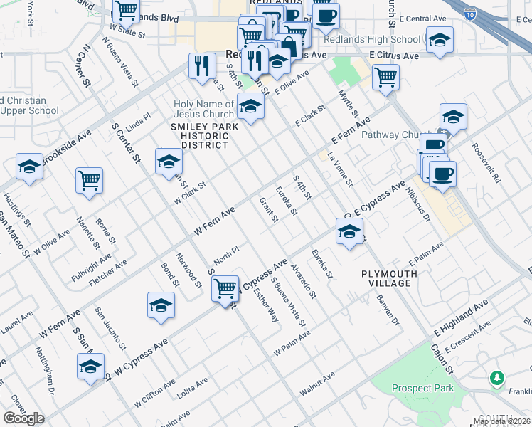 map of restaurants, bars, coffee shops, grocery stores, and more near 499-401 Alvarado Street in Redlands