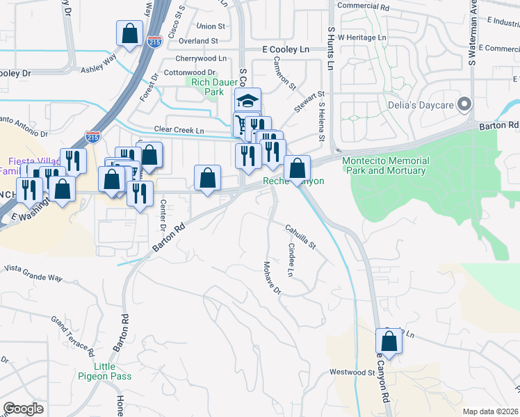 map of restaurants, bars, coffee shops, grocery stores, and more near 1290 Cahuilla Street in Colton