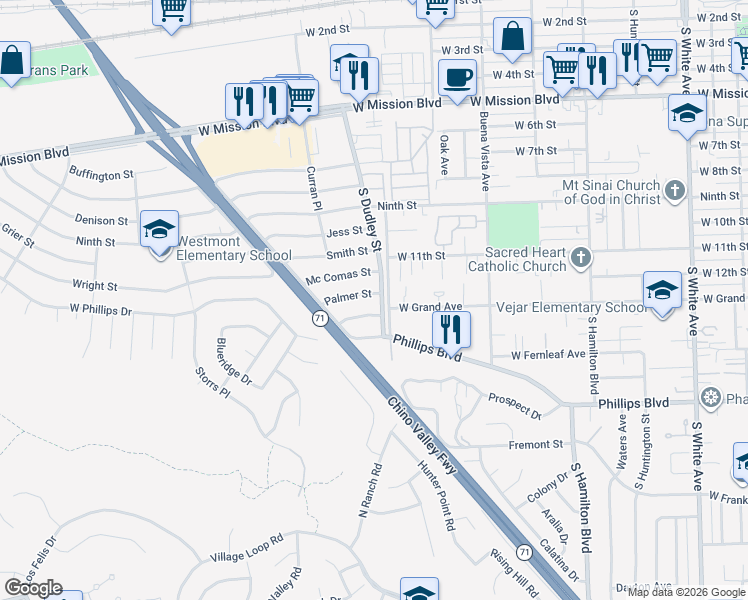 map of restaurants, bars, coffee shops, grocery stores, and more near 1530 West Grand Avenue in Pomona