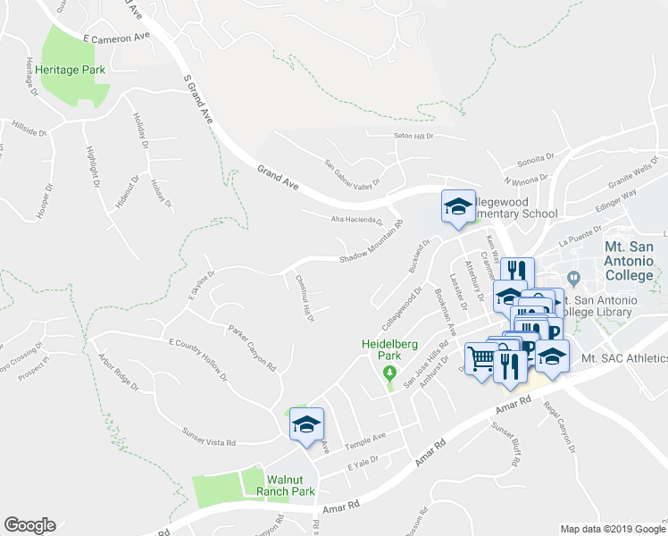 map of restaurants, bars, coffee shops, grocery stores, and more near 1658 Chestnut Hill Drive in Walnut