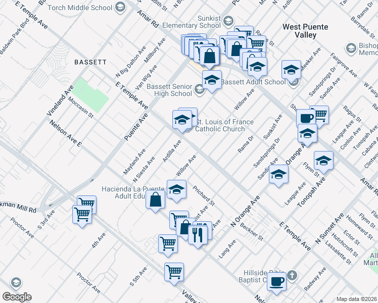 map of restaurants, bars, coffee shops, grocery stores, and more near 518 Willow Avenue in La Puente