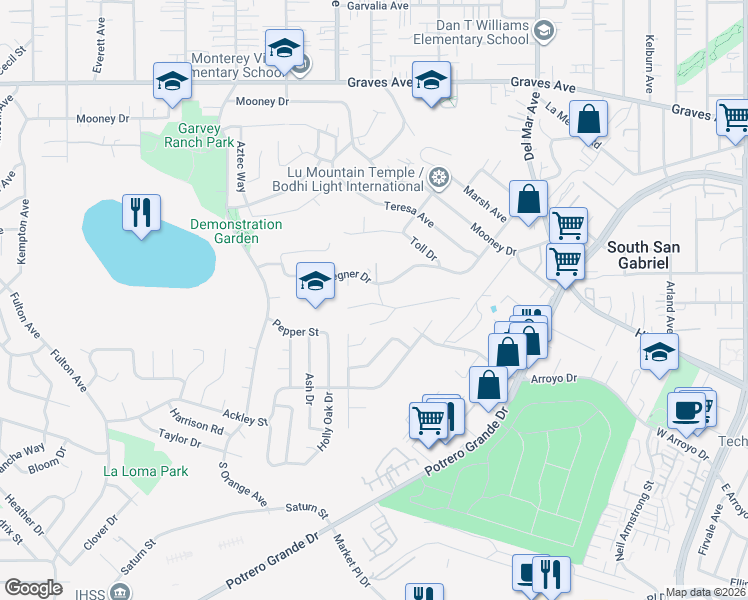map of restaurants, bars, coffee shops, grocery stores, and more near 7311 Cape Street in Rosemead