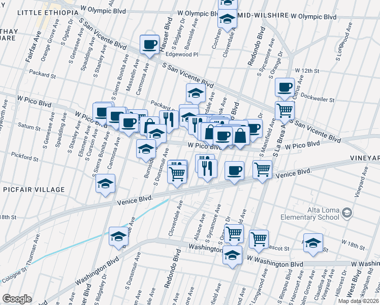 map of restaurants, bars, coffee shops, grocery stores, and more near 1449 Meadowbrook Avenue in Los Angeles