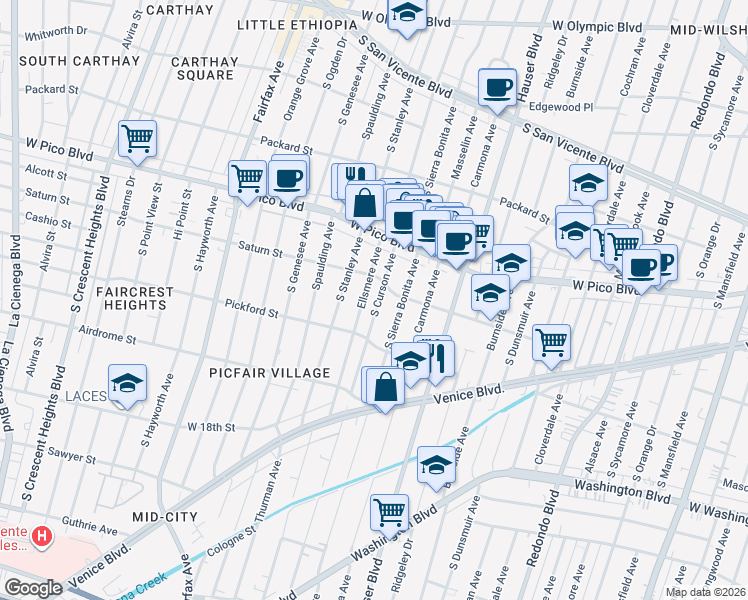 map of restaurants, bars, coffee shops, grocery stores, and more near 1536 South Curson Avenue in Los Angeles