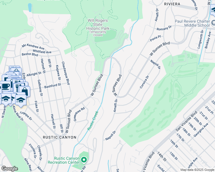 map of restaurants, bars, coffee shops, grocery stores, and more near 1500 Rustic Lane in Los Angeles