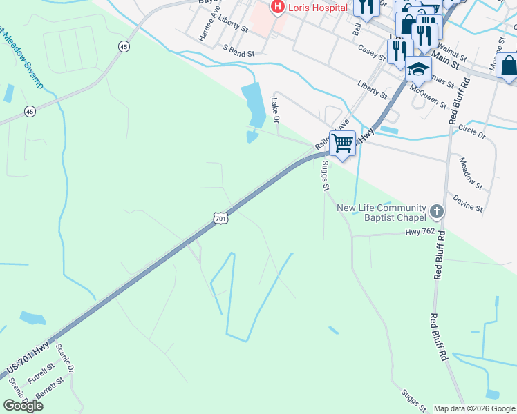 map of restaurants, bars, coffee shops, grocery stores, and more near 575 U.S. 701 in Loris