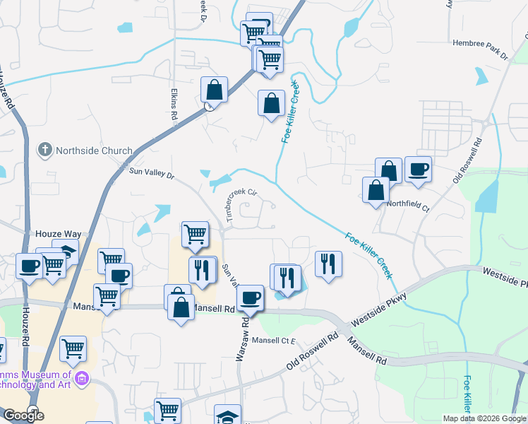 map of restaurants, bars, coffee shops, grocery stores, and more near 7305 Richland Court in Roswell