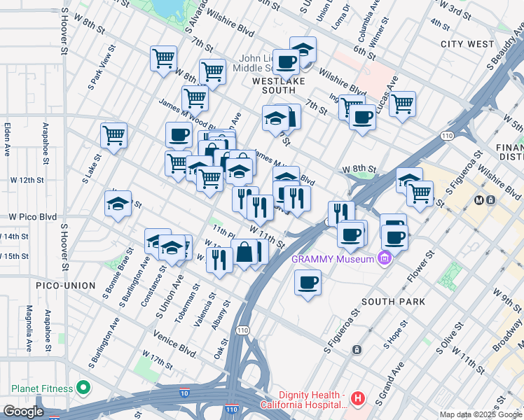 map of restaurants, bars, coffee shops, grocery stores, and more near 1025 Albany Street in Los Angeles