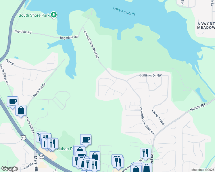 map of restaurants, bars, coffee shops, grocery stores, and more near 4407 Singletree Way in Acworth