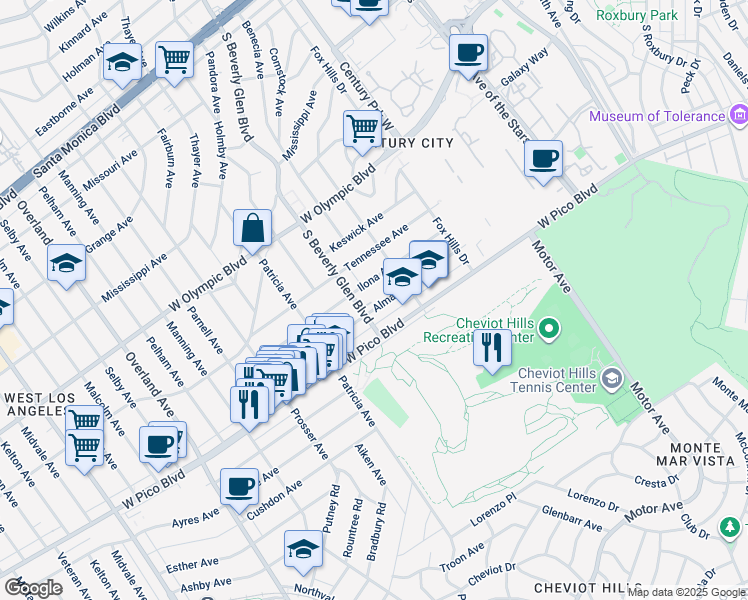 map of restaurants, bars, coffee shops, grocery stores, and more near 10393 Almayo Avenue in Los Angeles