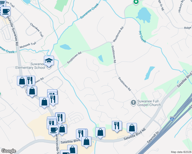 map of restaurants, bars, coffee shops, grocery stores, and more near 3645 Ansley Park Drive in Suwanee