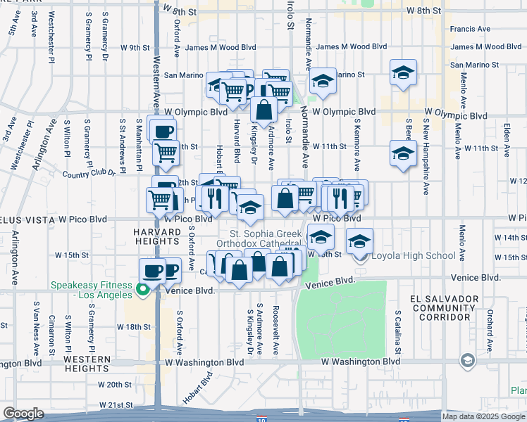 map of restaurants, bars, coffee shops, grocery stores, and more near South Ardmore Avenue in Los Angeles