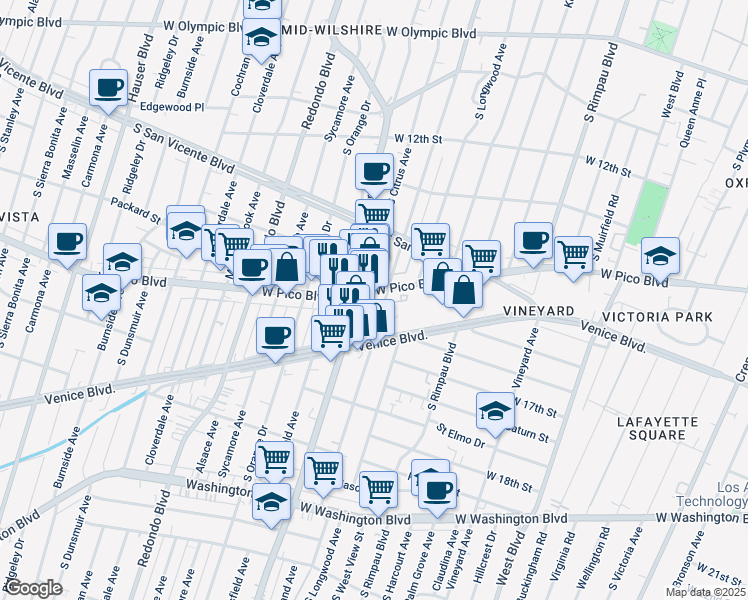 map of restaurants, bars, coffee shops, grocery stores, and more near 1437 South Highland Avenue in Los Angeles