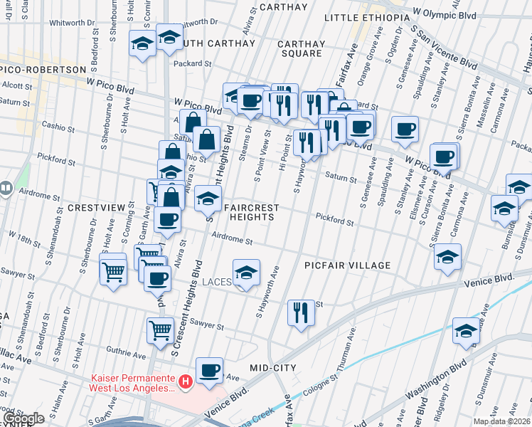 map of restaurants, bars, coffee shops, grocery stores, and more near 1613 Hi Point Street in Los Angeles