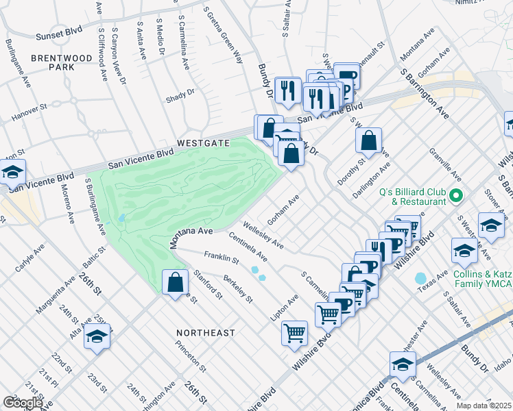 map of restaurants, bars, coffee shops, grocery stores, and more near 12340 Montana Avenue in Los Angeles