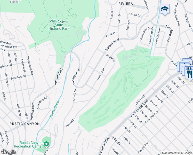 map of restaurants, bars, coffee shops, grocery stores, and more near 1057 Corsica Drive in Los Angeles