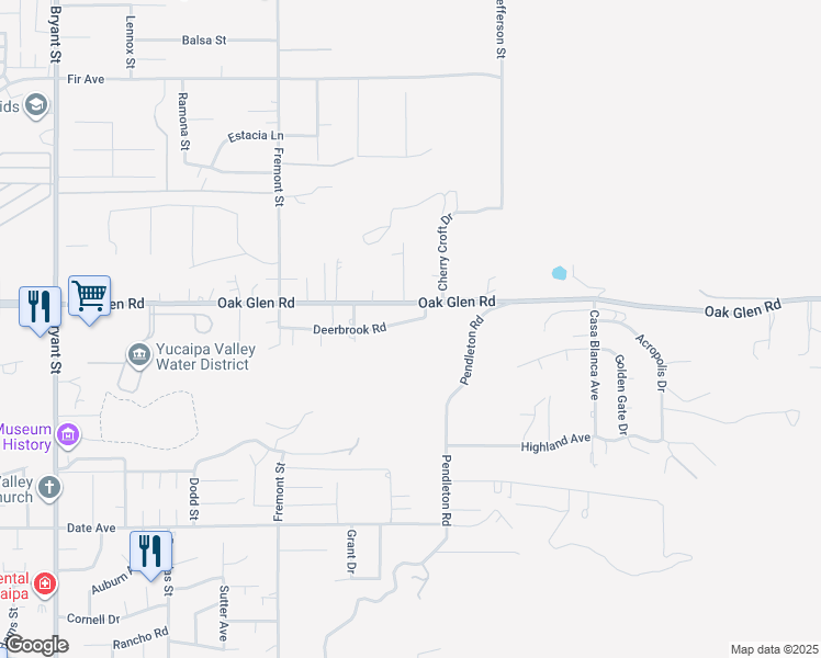 map of restaurants, bars, coffee shops, grocery stores, and more near 35929 Deerbrook Road in Yucaipa