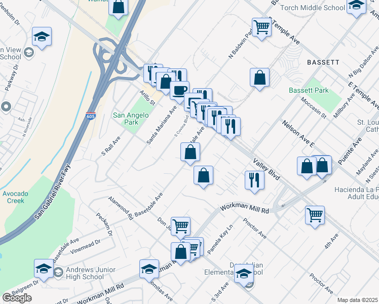 map of restaurants, bars, coffee shops, grocery stores, and more near 216 Basetdale Avenue in La Puente