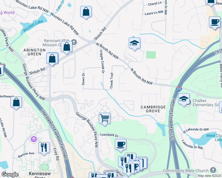 map of restaurants, bars, coffee shops, grocery stores, and more near 714 Creek Trail Northwest in Kennesaw