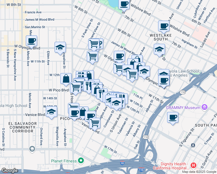 map of restaurants, bars, coffee shops, grocery stores, and more near 1222 South Bonnie Brae Street in Los Angeles