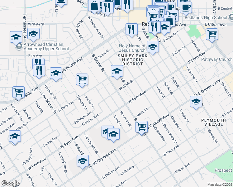 map of restaurants, bars, coffee shops, grocery stores, and more near 306 South Center Street in Redlands