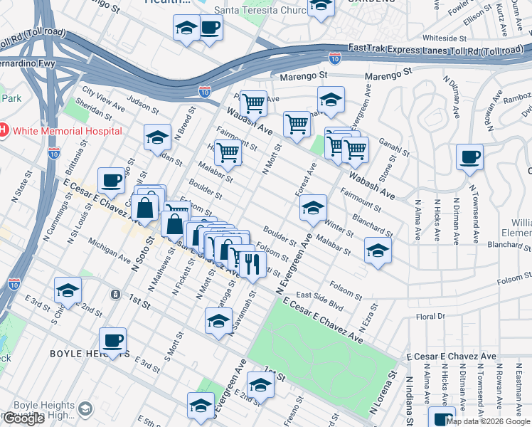 map of restaurants, bars, coffee shops, grocery stores, and more near 2732 Malabar Street in Los Angeles