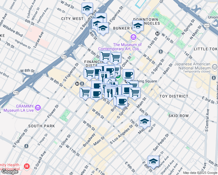 map of restaurants, bars, coffee shops, grocery stores, and more near 625 South Hill Street in Los Angeles