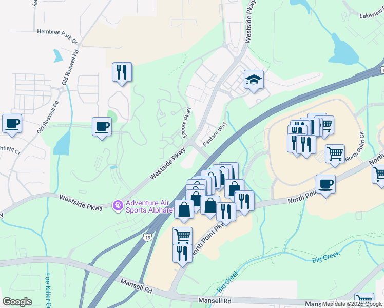 map of restaurants, bars, coffee shops, grocery stores, and more near 10105 Westside Court in Alpharetta