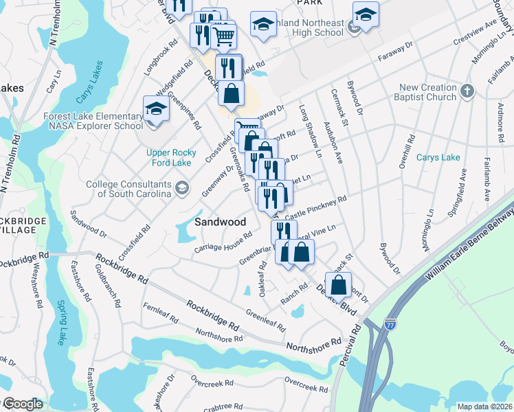 map of restaurants, bars, coffee shops, grocery stores, and more near 1905 Greenoaks Road in Columbia