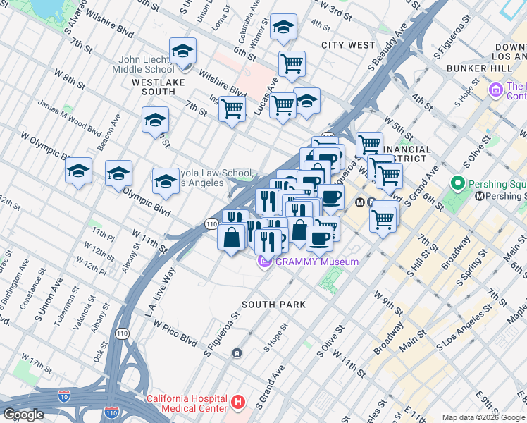 map of restaurants, bars, coffee shops, grocery stores, and more near 877 Francisco Street in Los Angeles
