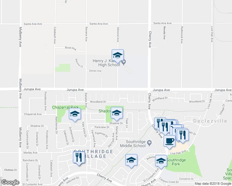 map of restaurants, bars, coffee shops, grocery stores, and more near 11315 Sage Avenue in Fontana
