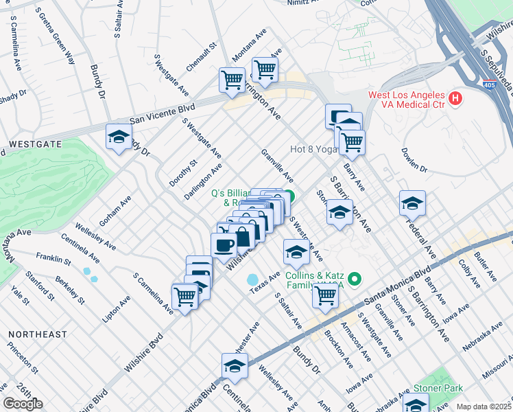 map of restaurants, bars, coffee shops, grocery stores, and more near 11915 Goshen Avenue in Los Angeles