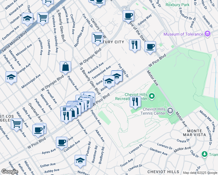 map of restaurants, bars, coffee shops, grocery stores, and more near 10364 Almayo Avenue in Los Angeles
