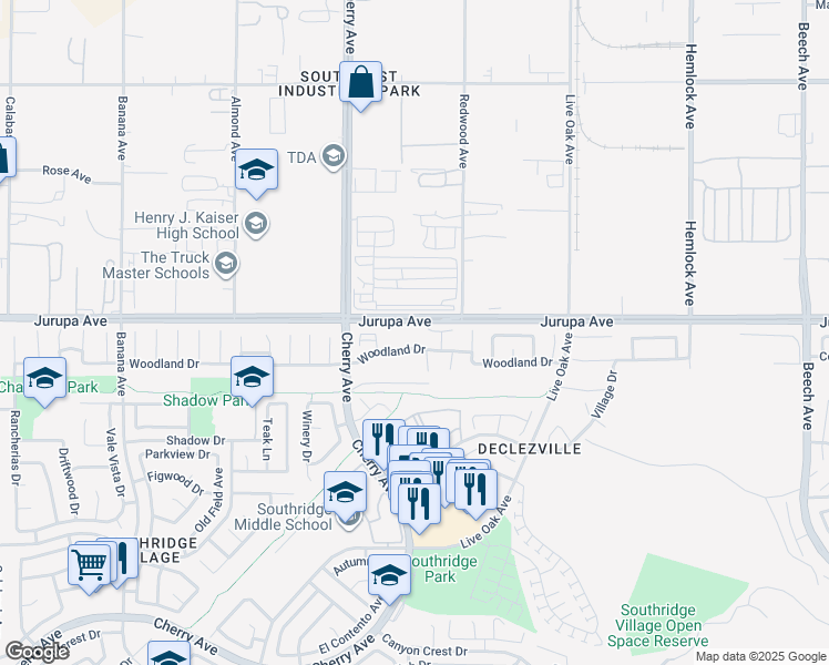 map of restaurants, bars, coffee shops, grocery stores, and more near 14606 Woodland Drive in Fontana