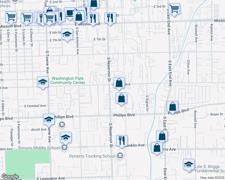 map of restaurants, bars, coffee shops, grocery stores, and more near 1330 South Reservoir Street in Pomona
