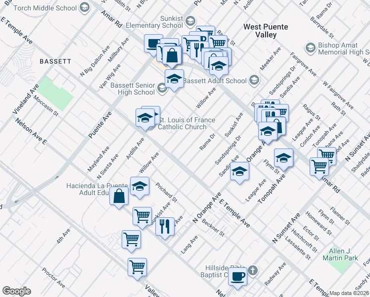 map of restaurants, bars, coffee shops, grocery stores, and more near 633 Meeker Avenue in La Puente