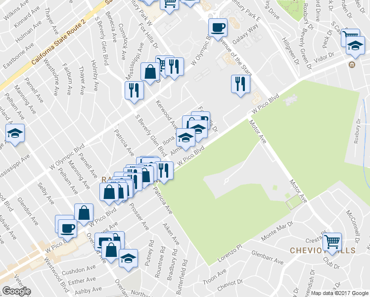 map of restaurants, bars, coffee shops, grocery stores, and more near 10364 Almayo Avenue in Los Angeles