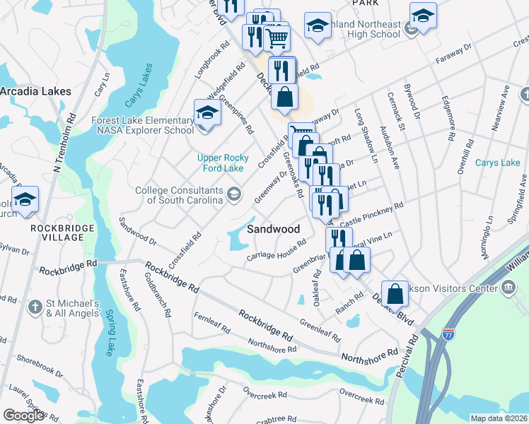 map of restaurants, bars, coffee shops, grocery stores, and more near 3525 Boundbrook Lane in Columbia