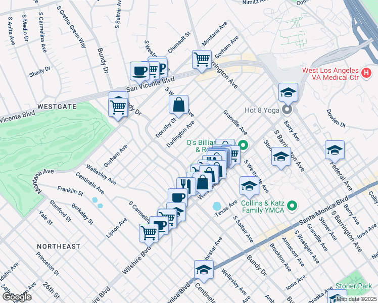 map of restaurants, bars, coffee shops, grocery stores, and more near 11974 Mayfield Avenue in Los Angeles