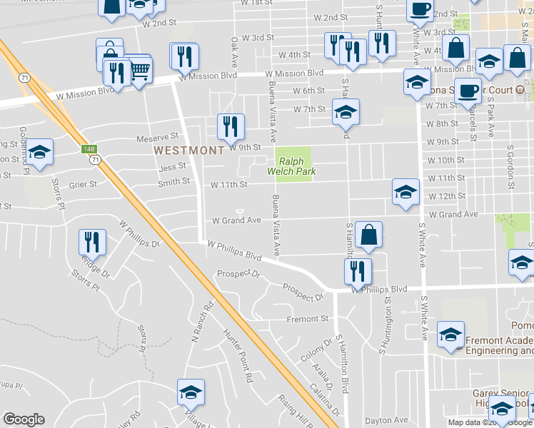 map of restaurants, bars, coffee shops, grocery stores, and more near 1325 West Grand Avenue in Pomona