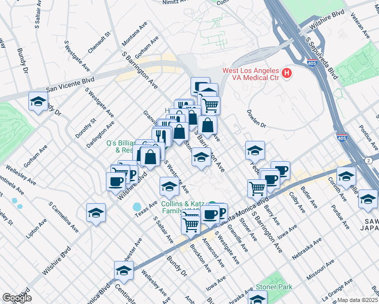map of restaurants, bars, coffee shops, grocery stores, and more near 11750 Wilshire Boulevard in Los Angeles