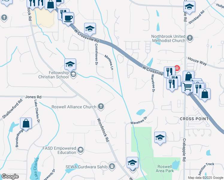 map of restaurants, bars, coffee shops, grocery stores, and more near 1020 Allenbrook Lane in Roswell