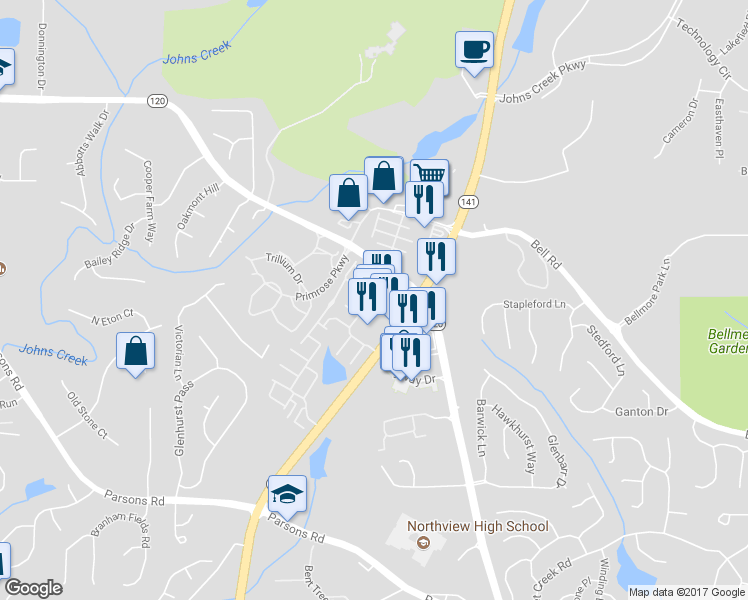 map of restaurants, bars, coffee shops, grocery stores, and more near 11150 Skyway Drive in Duluth