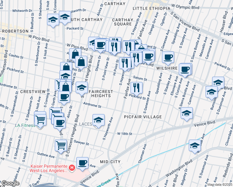 map of restaurants, bars, coffee shops, grocery stores, and more near 1601 South Hayworth Avenue in Los Angeles